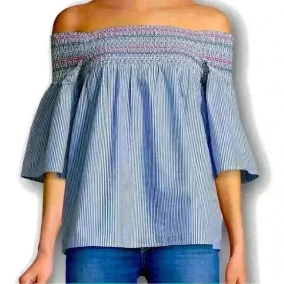 BeachLunchLounge Off The Shoulder Blouse L Multicolor Striped Bell Sleeve - Picture 6 of 6